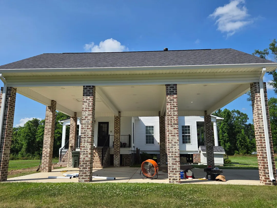 open carport multi brick columns seamless gutters performance patios and gutters