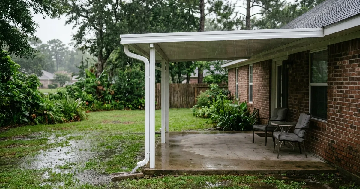 Rain running off a white aluminum patio cover into a seamless gutter, discharging through a single downspout onto a splash block away from the slab, at a brick home in south Louisiana
