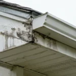 Rotted, water-stained fascia board behind a gutter that is pulling away, with a backed-out fastener above a vented soffit