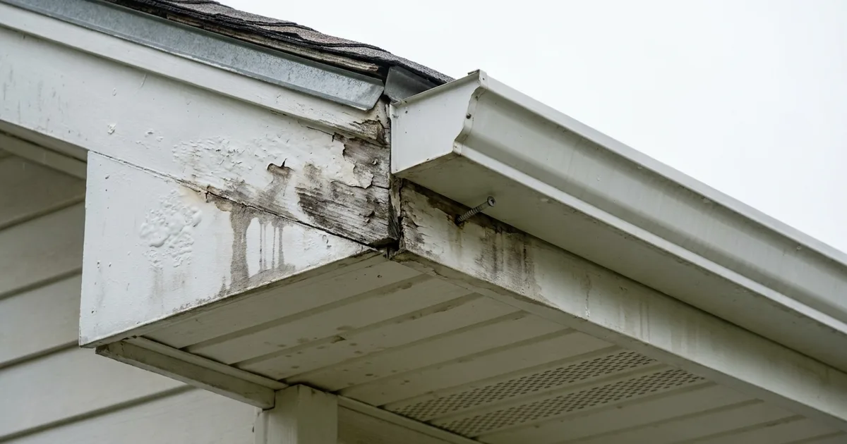 Rotted, water-stained fascia board behind a gutter that is pulling away, with a backed-out fastener above a vented soffit