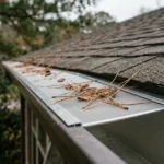 Micro-mesh gutter guard with pine needles resting on top of the mesh and the gutter trough clean beneath