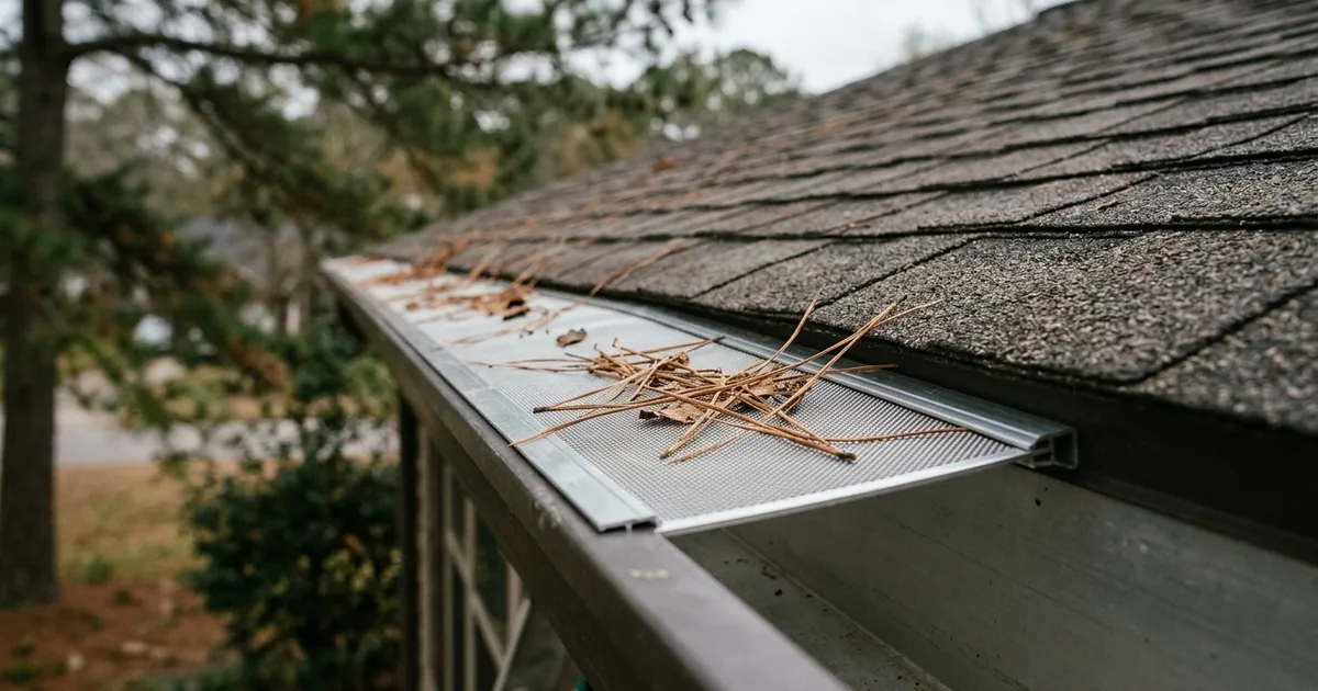 Micro-mesh gutter guard with pine needles resting on top of the mesh and the gutter trough clean beneath