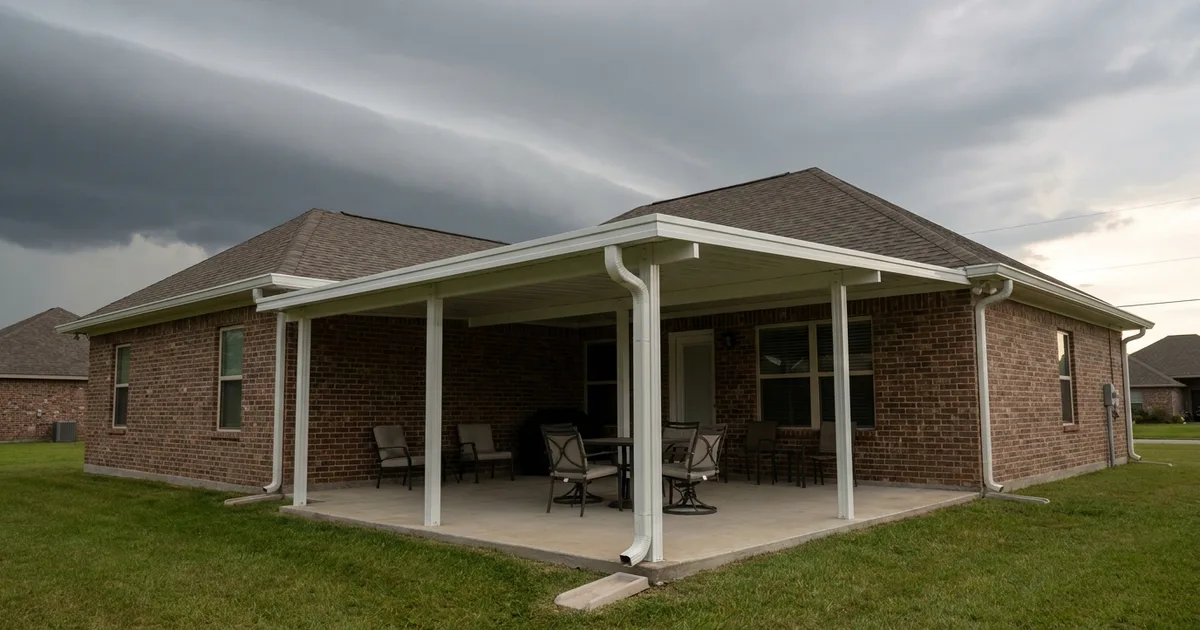 Brick home with a white aluminum patio cover and seamless gutters under a dark squall line, ground still dry
