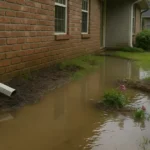 Standing water along a brick slab foundation where a short downspout empties beside the house