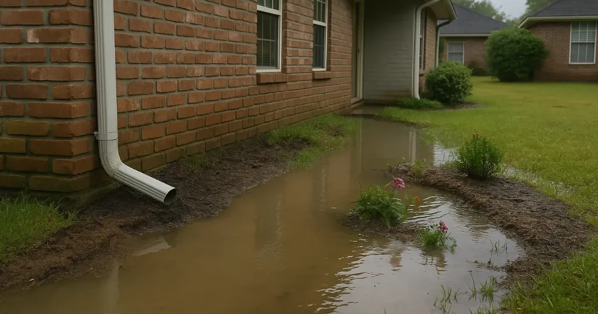 Standing water along a brick slab foundation where a short downspout empties beside the house