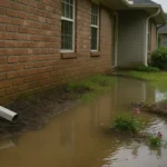 Downspout emptying beside a brick home into a muddy puddle that runs along the foundation after heavy rain