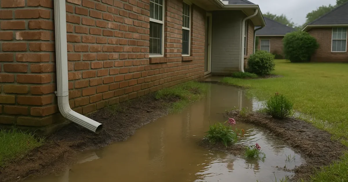 Downspout emptying beside a brick home into a muddy puddle that runs along the foundation after heavy rain